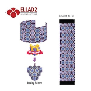 May include: A beading pattern for a bracelet with a geometric design in shades of purple, blue, and white. The pattern is shown as a finished bracelet and a close-up of the beading pattern. The text "Bracelet No 31" is visible in the image.