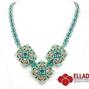 May include: A teal and silver beaded necklace with three square-shaped pendant designs. The necklace is made with small beads and has a v-shaped design.