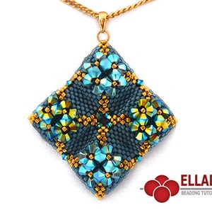 May include: A square pendant necklace with a geometric design featuring blue and gold beads. The pendant is made with a beaded stitch and has a floral pattern. The necklace is made with a gold chain.