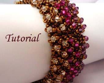 May include: A close-up of a beaded bracelet with a gradient of brown, pink, and purple beads. The bracelet is made with small seed beads and larger faceted beads. The word "Tutorial" is visible in the background.