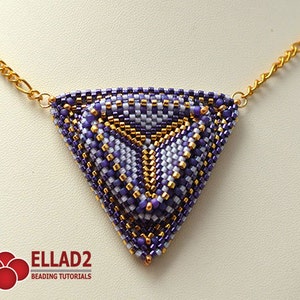 May include: A triangular beaded pendant necklace with a geometric pattern in shades of purple, white, and gold. The pendant is attached to a gold chain.