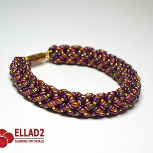 May include: A beaded bracelet with a woven pattern in shades of purple, brown, and gold. The bracelet has a magnetic clasp.