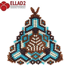 May include: A triangular beaded design in shades of brown, white, and turquoise, resembling a butterfly. The design is intricate and detailed, with a symmetrical pattern.