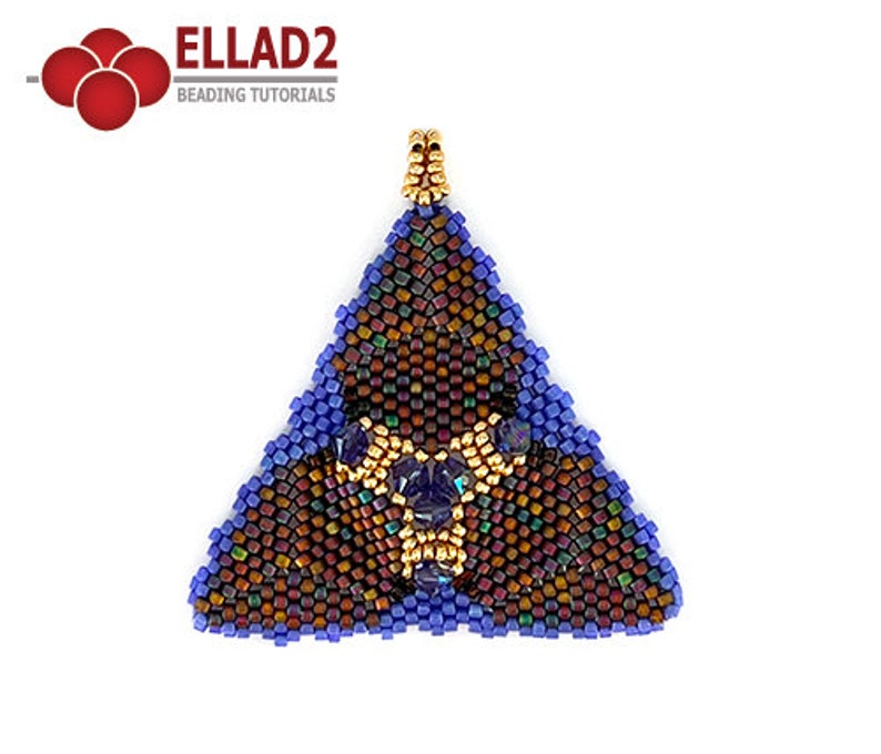 May include: A triangular beaded pendant with a geometric design in shades of brown, blue, and gold. The pendant has a loop at the top for hanging.