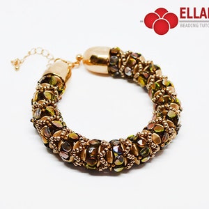May include: A gold beaded bracelet with a mix of green, brown, and iridescent beads. The bracelet has a gold clasp.