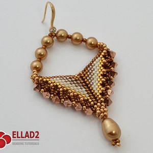 May include: Gold and white beaded earrings with a teardrop-shaped pendant. The earrings are made with small seed beads and larger round beads.