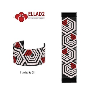 Puede incluir: Un brazalete de cuentas blanco y negro con un patrón geométrico de hexágonos rojos. El brazalete se llama "Bracelet No 28" y es un patrón de abalorios de EllaD2 Beading Patterns.