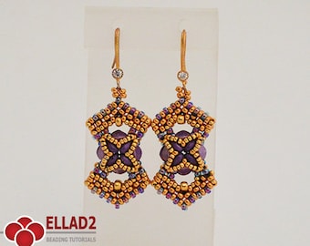May include: A pair of handcrafted earrings with a geometric design. The earrings feature gold-colored metal, small orange and purple beads, and a central purple flower-like shape. Each earring has a small clear gem at the top.