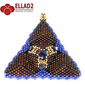 May include: A triangular beaded pendant with a geometric design in shades of brown, blue, and gold. The pendant features a central cluster of blue crystals.