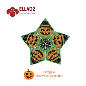 Pode incluir: Um padrão de miçangas em forma de estrela verde com cinco faces de abóbora laranja. O padrão é intitulado "Coleção de Halloween de Abóbora".