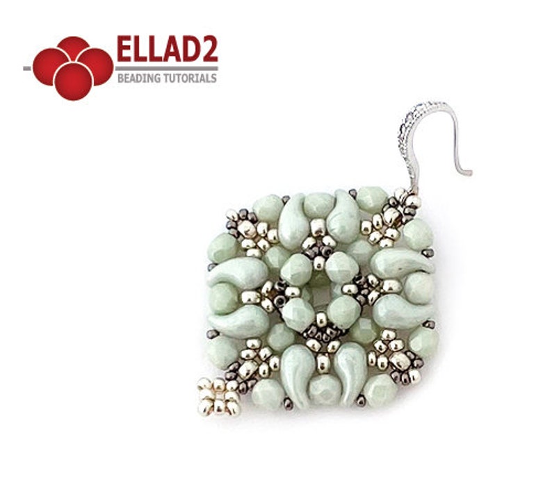 May include: A pair of green and silver beaded earrings with a teardrop shape. The earrings are made with small beads and have a silver hook fastening.
