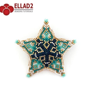 May include: A beaded star ornament with a blue, green, and gold geometric pattern. The star is made with small beads and has a white background.