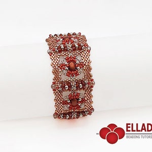 May include: A beaded bracelet with a geometric pattern in shades of red, copper, and silver. The bracelet is made with small seed beads and features a repeating square design.