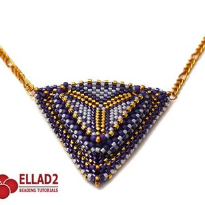 May include: A triangular beaded necklace with a geometric pattern in shades of purple, gold, and silver. The necklace is attached to a gold chain.