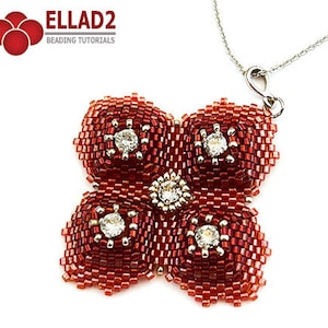 May include: A handcrafted beaded pendant necklace. The pendant features a four-petal flower design in red hues, adorned with sparkling crystal accents. The necklace has a silver chain and clasp. The logo "ELLAD2 BEADING TUTORIALS" is visible.