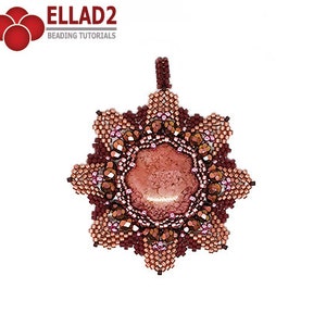 May include: A beaded pendant in the shape of a flower with a copper-colored stone in the center. The flower is made with brown, pink, and copper-colored beads.