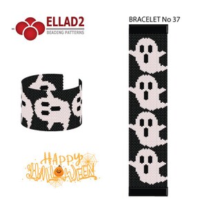 Op de afbeelding: Zwart-wit kralenpatroon voor een armband met een herhalend ontwerp van geesten. Het patroon is geëtiketteerd "BRACELET No 37".
