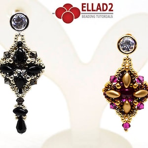 May include: Two pairs of beaded earrings, one black and one gold with pink and brown beads. Both earrings feature a diamond-shaped design with a crystal at the top.