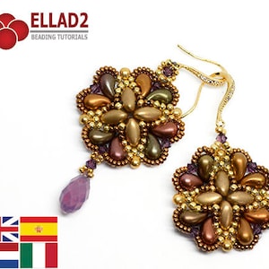 以下が含まれることがあります： 茶色、金色、紫色のビーズで花柄が作られた、金色のイヤリングのペア。イヤリングは金色のフックにぶら下がっています。
