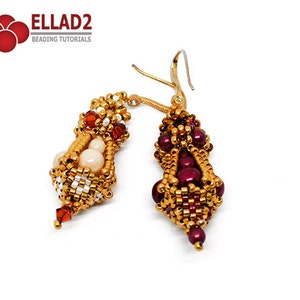 May include: A pair of gold beaded earrings with a teardrop shape. One earring features white and red beads, while the other features burgundy and gold beads. The earrings are made with small seed beads and larger round beads.