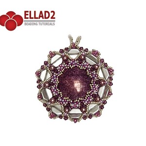 May include: A handcrafted pendant with a central, deep purple stone, surrounded by a beaded design in shades of purple, silver, and clear beads. The pendant has a loop at the top for hanging. The text "ELLAD2 BEADING TUTORIALS" is in the upper left corner.