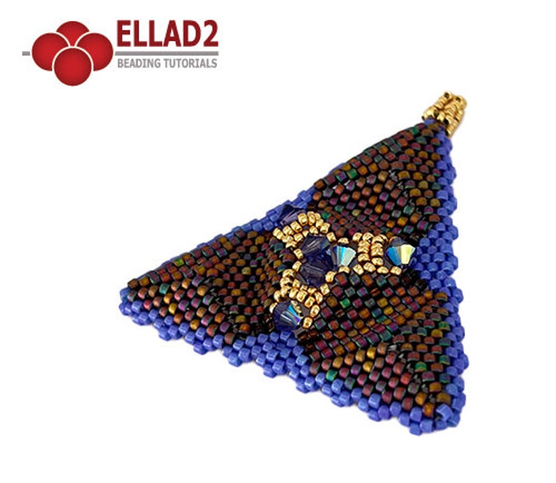 May include: A triangular beaded pendant with a blue border and a brown and gold center. The center features a geometric design with iridescent blue beads.