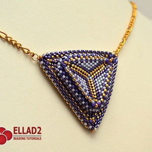 May include: A purple and gold beaded triangle pendant necklace with a gold chain. The pendant is made of small beads in a geometric pattern. The necklace is a statement piece and would be a great addition to any jewelry collection.