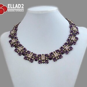 May include: A purple and silver beaded necklace with a floral design. The necklace is on a white mannequin bust. The text "ELLAD2 BEADING TUTORIALS" is visible in the top left corner of the image.