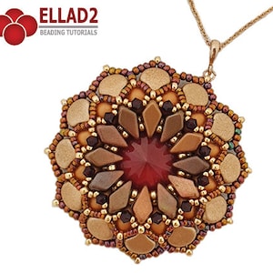 May include: A gold chain necklace with a large, beaded pendant in shades of brown, orange, and red. The pendant is a flower-shaped design with a red centre.