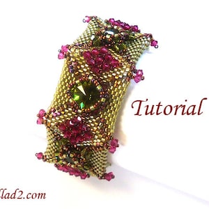 May include: A gold and green beaded bracelet with pink and clear crystals. The bracelet is square shaped and has a tutorial text on the white background.