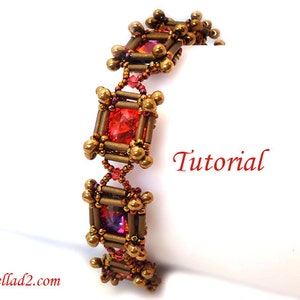 May include: A beaded bracelet with a gold and brown color scheme. The bracelet features square-shaped beads with red, purple, and clear crystals in the center. The bracelet is on a white surface and the word "Tutorial" is written in red text.