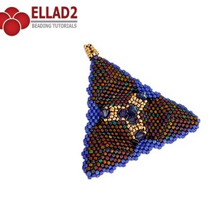 May include: A triangular beaded pendant with a geometric design in shades of brown, blue, and gold. The pendant has a small loop at the top for attaching to a necklace or bracelet.