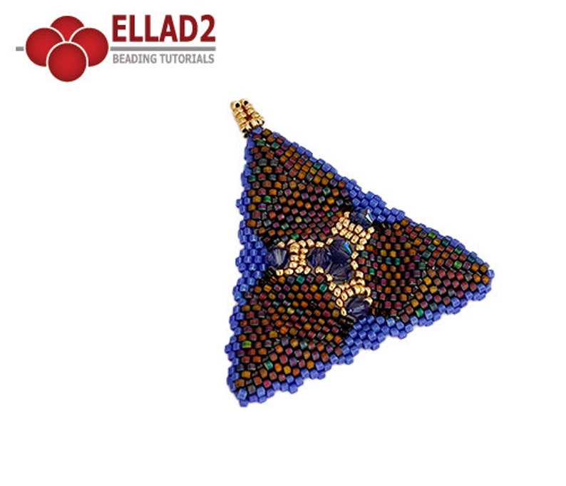 May include: A triangular beaded pendant with a geometric design in shades of brown, blue, and gold. The pendant has a small loop at the top for attaching to a necklace or bracelet.