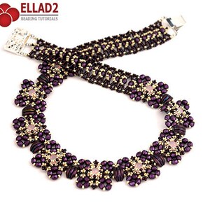 May include: A purple and gold beaded necklace with a flower design. The necklace is made with small beads and has a silver clasp.