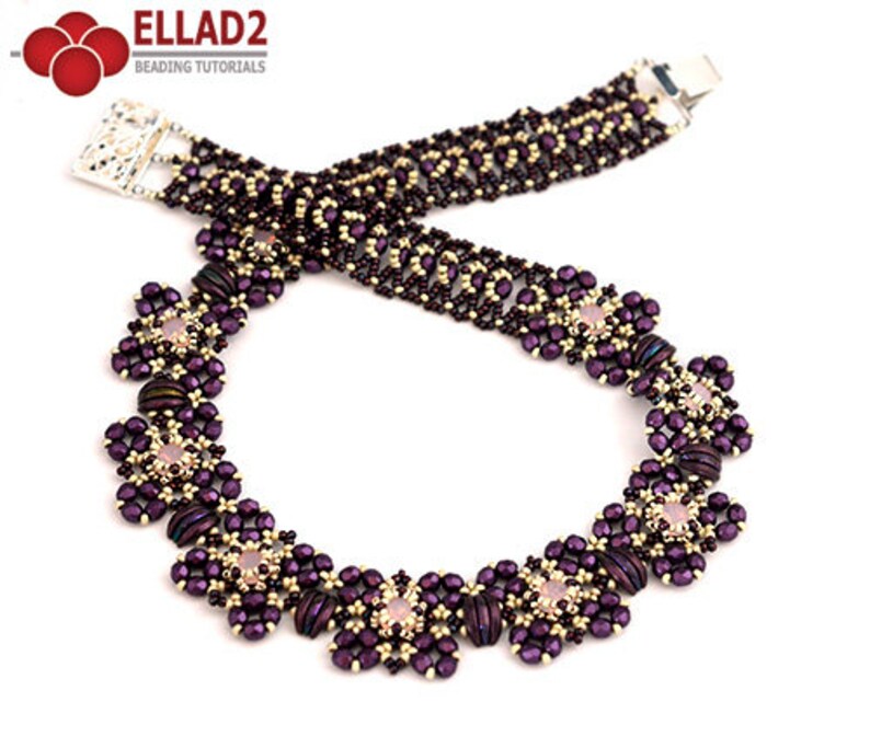 May include: A purple and gold beaded necklace with a flower design. The necklace is made with small beads and has a silver clasp.