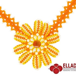 May include: A beaded necklace with a large orange and yellow flower pendant. The flower has a white center and is made with small seed beads. The necklace is made with a simple chain stitch pattern.