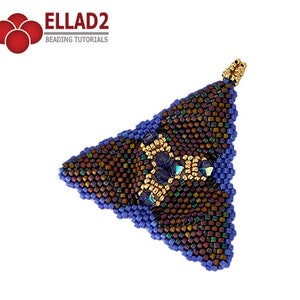 May include: A triangular pendant with a beaded design featuring brown, blue, and gold beads. The pendant has a gold loop at the top for attaching to a chain or cord.