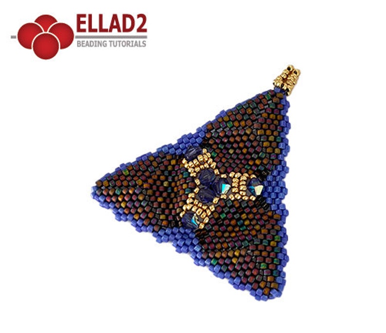 May include: A triangular pendant with a beaded design featuring brown, blue, and gold beads. The pendant has a gold loop at the top for attaching to a chain or cord.