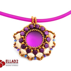 May include: A purple and gold beaded pendant with a round, frosted purple center. The pendant is attached to a pink cord.
