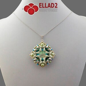 May include: A silver chain necklace with a green and white beaded pendant. The pendant is a square shape with a geometric design. The text "ELLAD2 BEADING TUTORIALS" is visible at the top of the image.