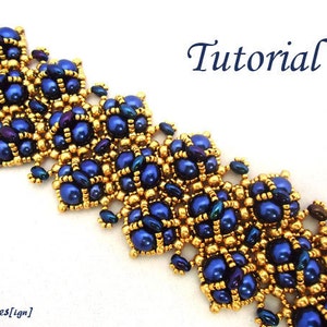 May include: A close-up of a beaded bracelet with a gold and blue color scheme. The bracelet is made with small, round beads and features a repeating pattern. The word "Tutorial" is written in a decorative font above the bracelet.