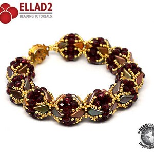 May include: A gold and burgundy beaded bracelet with a geometric design. The bracelet is made with small, round beads and features a variety of colors, including gold, burgundy, and brown.