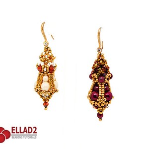 May include: A pair of gold beaded earrings with a teardrop shape. One earring features white and red beads, while the other features burgundy and gold beads.