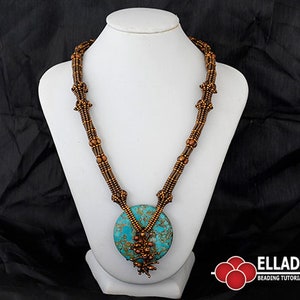 May include: A brown beaded necklace with a large turquoise pendant. The necklace is on a white mannequin bust.