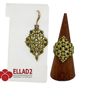 May include: Olive green beaded jewellery set featuring a teardrop earring and a ring. The earring hangs from a gold-toned hook, and the ring is displayed on a wooden cone. The jewellery is made of small, olive-coloured beads.