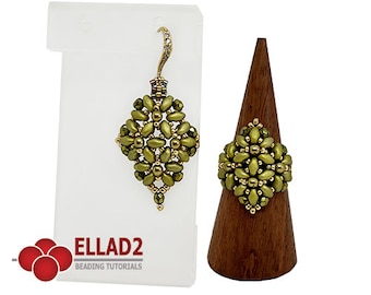 Beading Tutorial Marion Ring or Earrings - beading tutorial with Superduo beads, instant download, PDF file, Ellad2 design