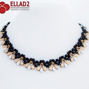 May include: A black and gold beaded necklace with a geometric pattern. The necklace features small, round black beads and larger, teardrop-shaped gold beads.