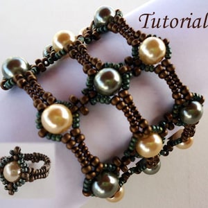 May include: A brown and green beaded bracelet with a woven design. The bracelet features a series of round beads in a repeating pattern. The bracelet is shown on a white surface with the word "Tutorial" written in black.