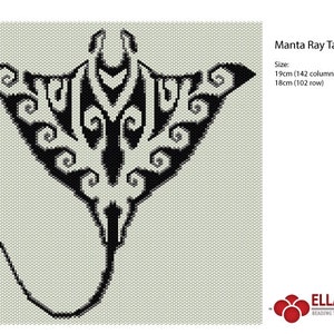 May include: Black and white beaded manta ray tapestry pattern. The pattern is 19 cm wide and 18 cm tall.