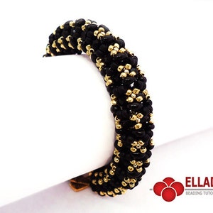May include: Black and gold beaded bracelet with a woven pattern. The bracelet is made with small, round beads and has a simple, elegant design.